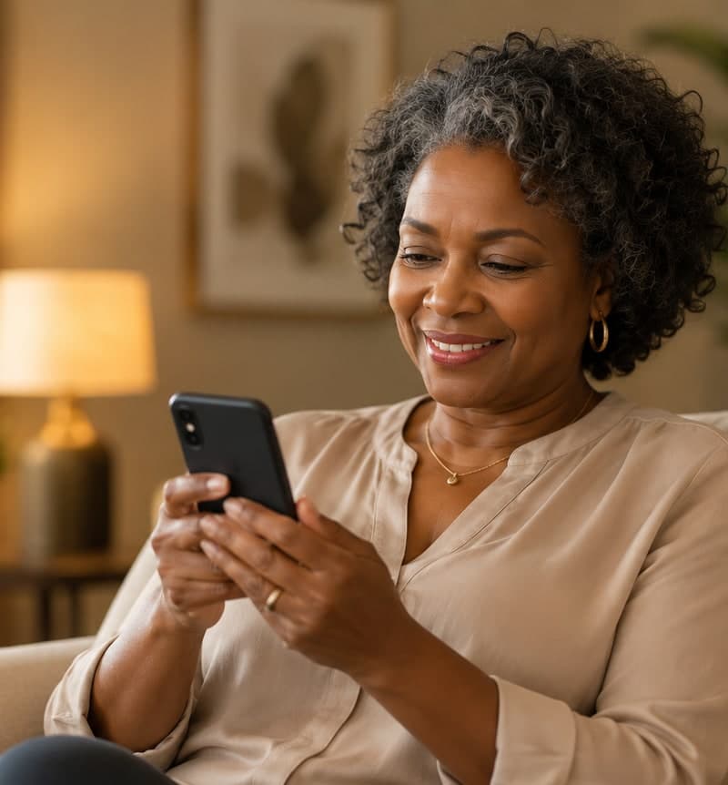 Une femme consultant sereinement Koozons sur son téléphone
