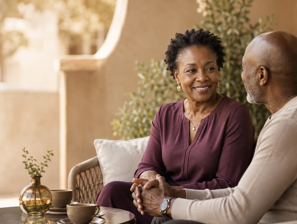 Deux personnes en pleine conversation, souriantes